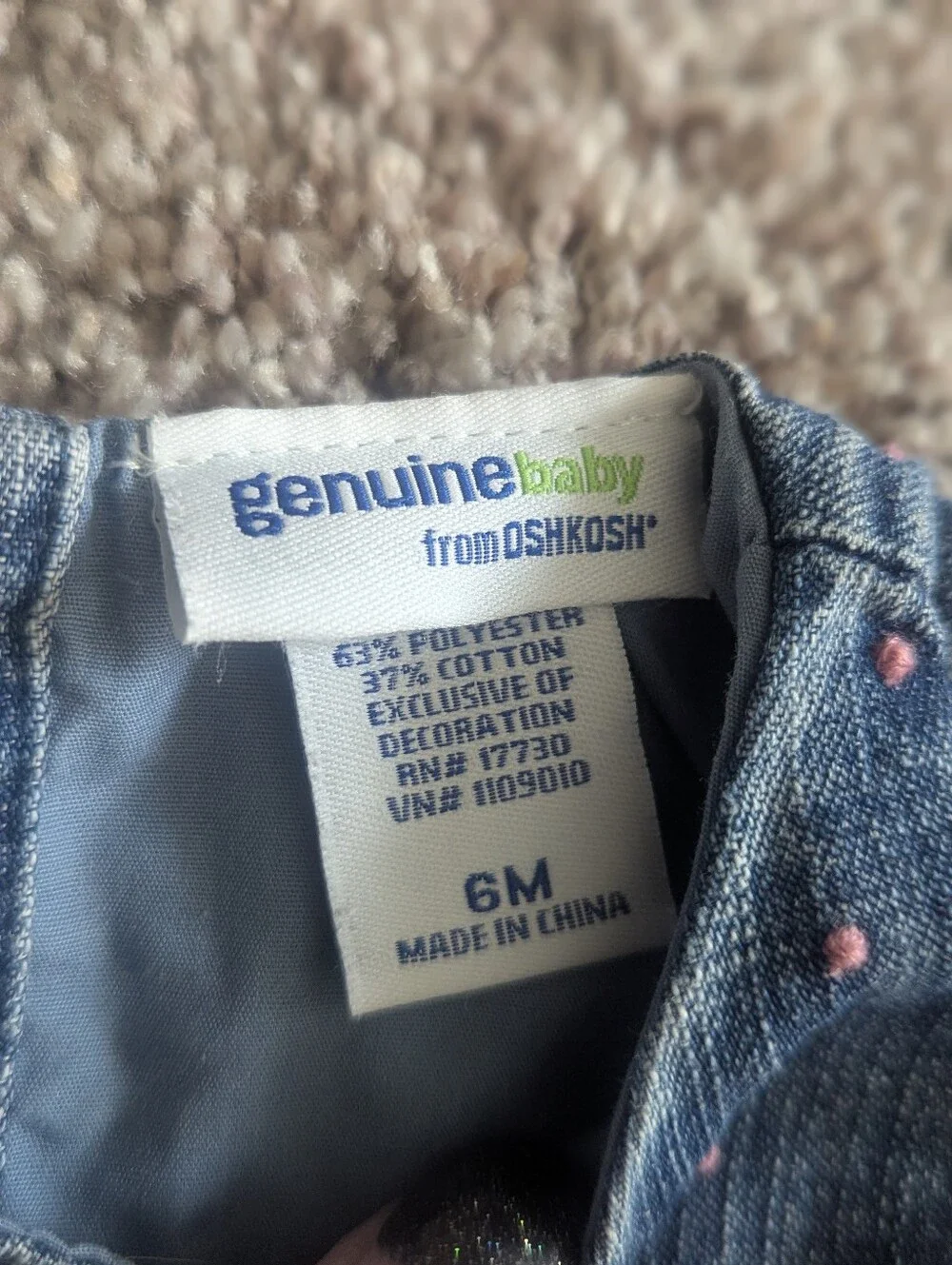 Vintage Genuine Baby From Oshkosh Girl 6M Denim Dress Pink Flocked Ribbon